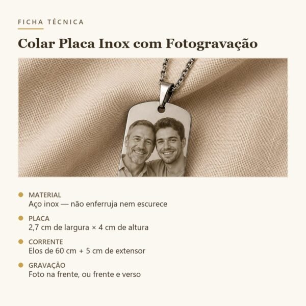 ficha-tecnica-colar-placa-inox-fotogravacao Ficha técnica do colar placa inox: aço inox, placa 2,7 x 4 cm, corrente 60 cm com extensor de 5 cm, gravação na frente ou frente e verso